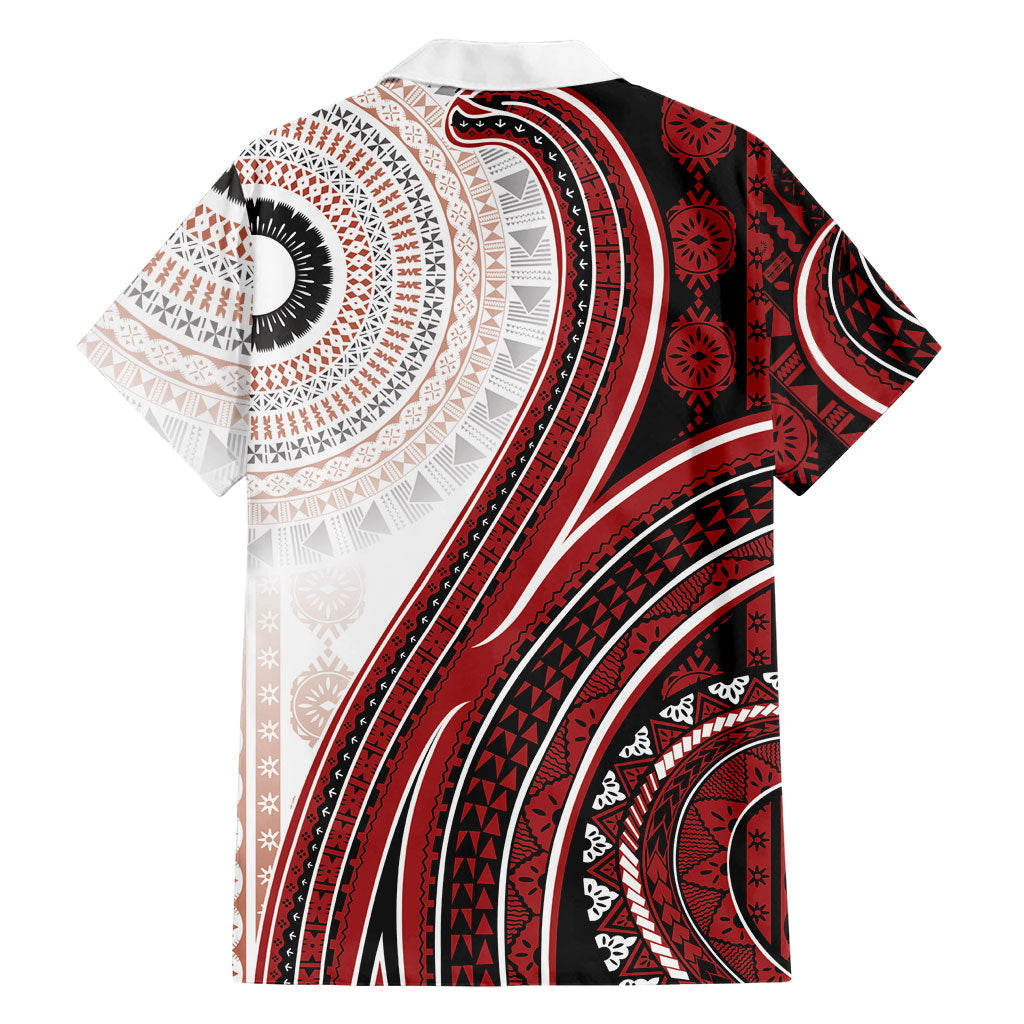 Bula Fiji Vintage Tapa Family Matching Off The Shoulder Long Sleeve Dress and Hawaiian Shirt Kaivity Masi Wave Motifs - Red LT7 - Polynesian Pride