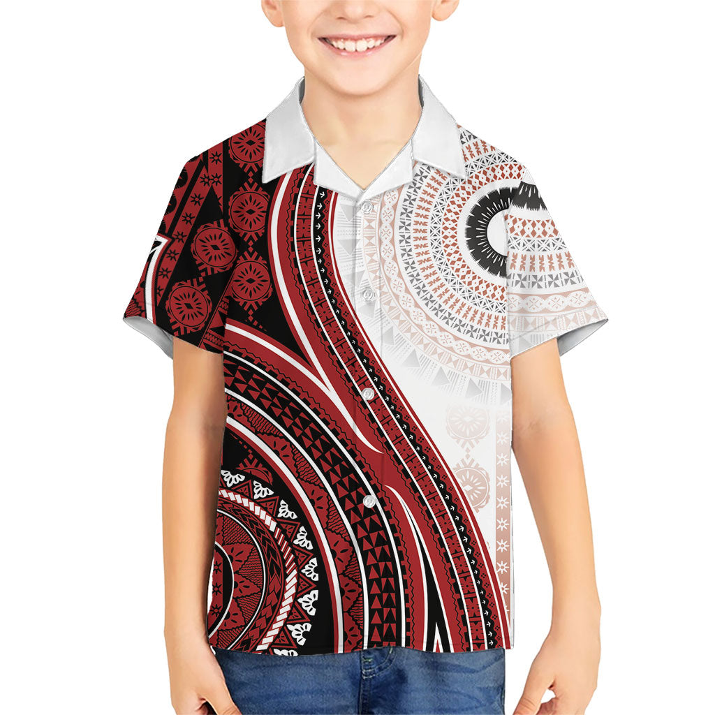 Bula Fiji Vintage Tapa Family Matching Off The Shoulder Long Sleeve Dress and Hawaiian Shirt Kaivity Masi Wave Motifs - Red LT7 Son's Shirt Red - Polynesian Pride