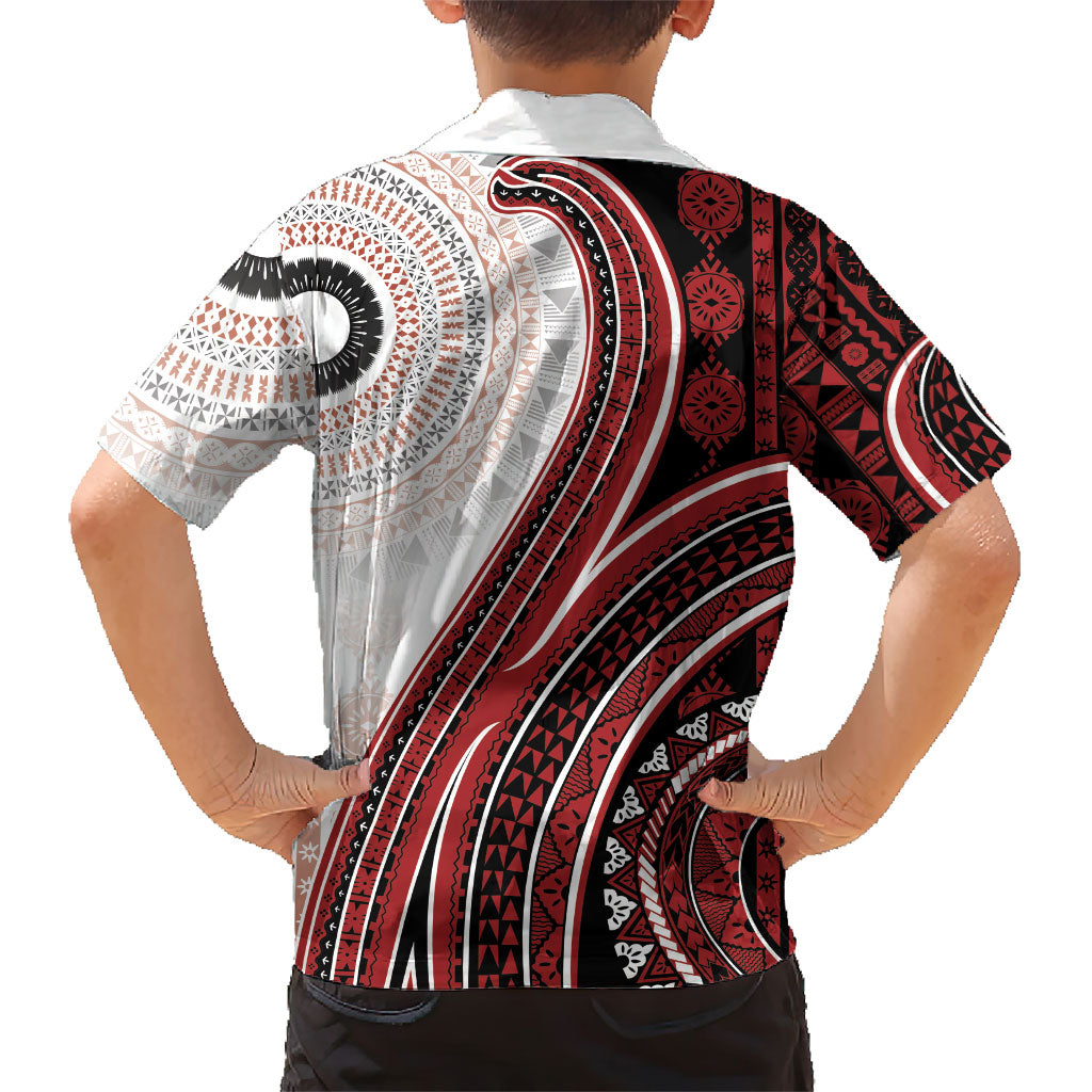 Bula Fiji Vintage Tapa Family Matching Off Shoulder Maxi Dress and Hawaiian Shirt Kaivity Masi Wave Motifs - Red LT7 - Polynesian Pride
