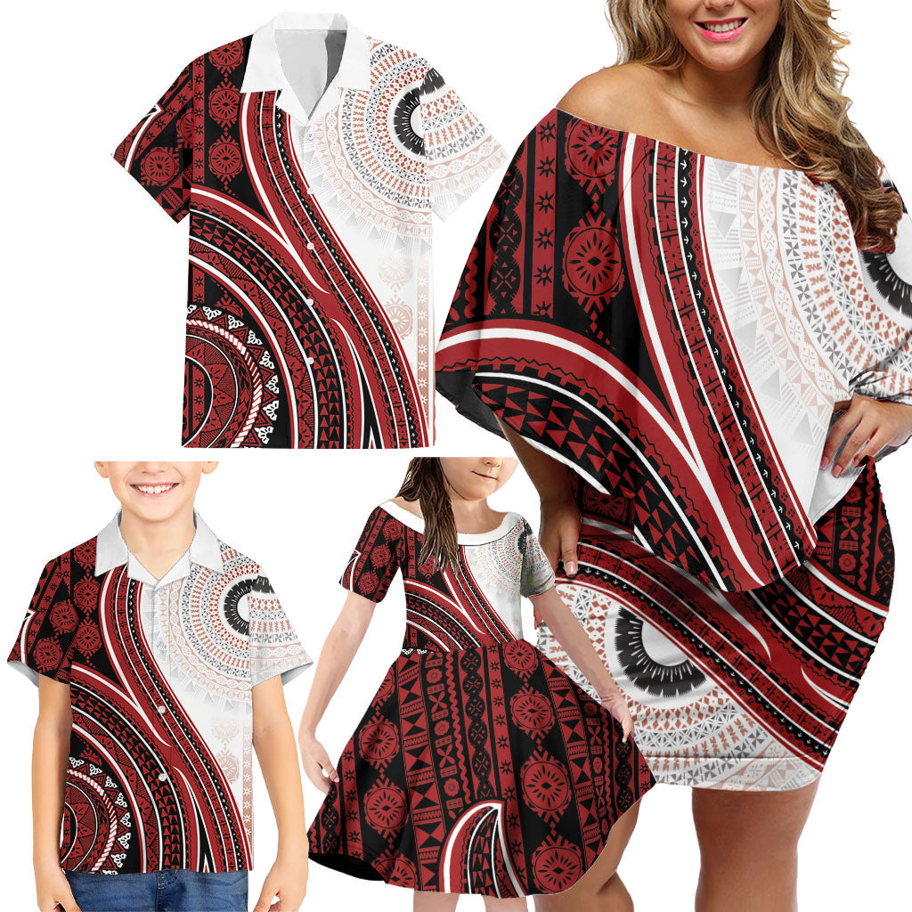 Bula Fiji Vintage Tapa Family Matching Off Shoulder Short Dress and Hawaiian Shirt Kaivity Masi Wave Motifs - Red LT7 - Polynesian Pride