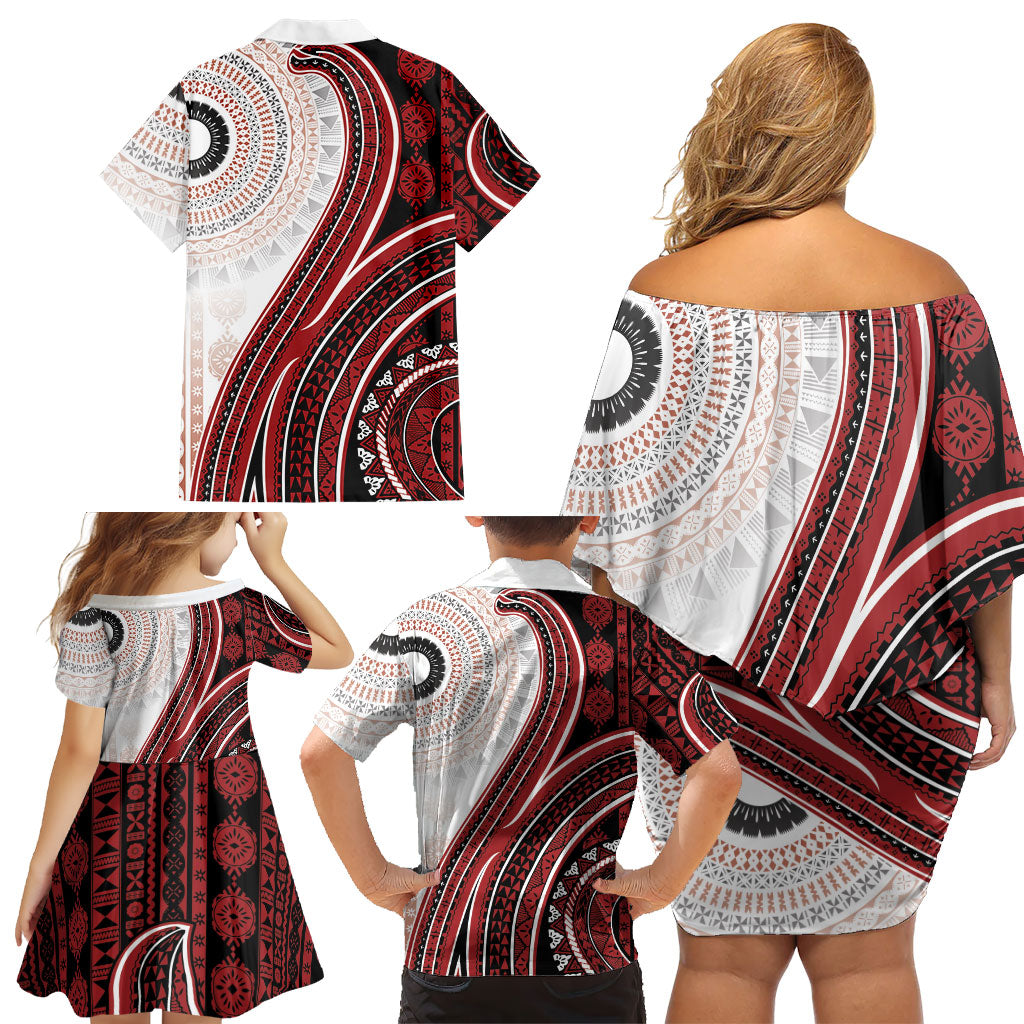 Bula Fiji Vintage Tapa Family Matching Off Shoulder Short Dress and Hawaiian Shirt Kaivity Masi Wave Motifs - Red LT7 - Polynesian Pride