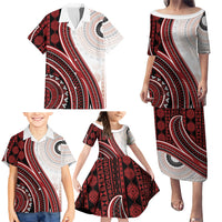 Bula Fiji Vintage Tapa Family Matching Puletasi and Hawaiian Shirt Kaivity Masi Wave Motifs - Red
