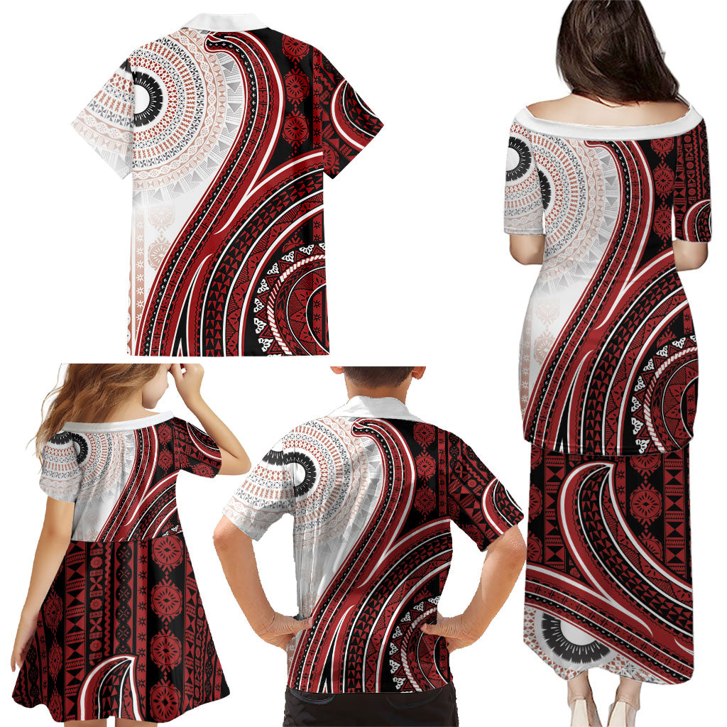 Bula Fiji Vintage Tapa Family Matching Puletasi and Hawaiian Shirt Kaivity Masi Wave Motifs - Red