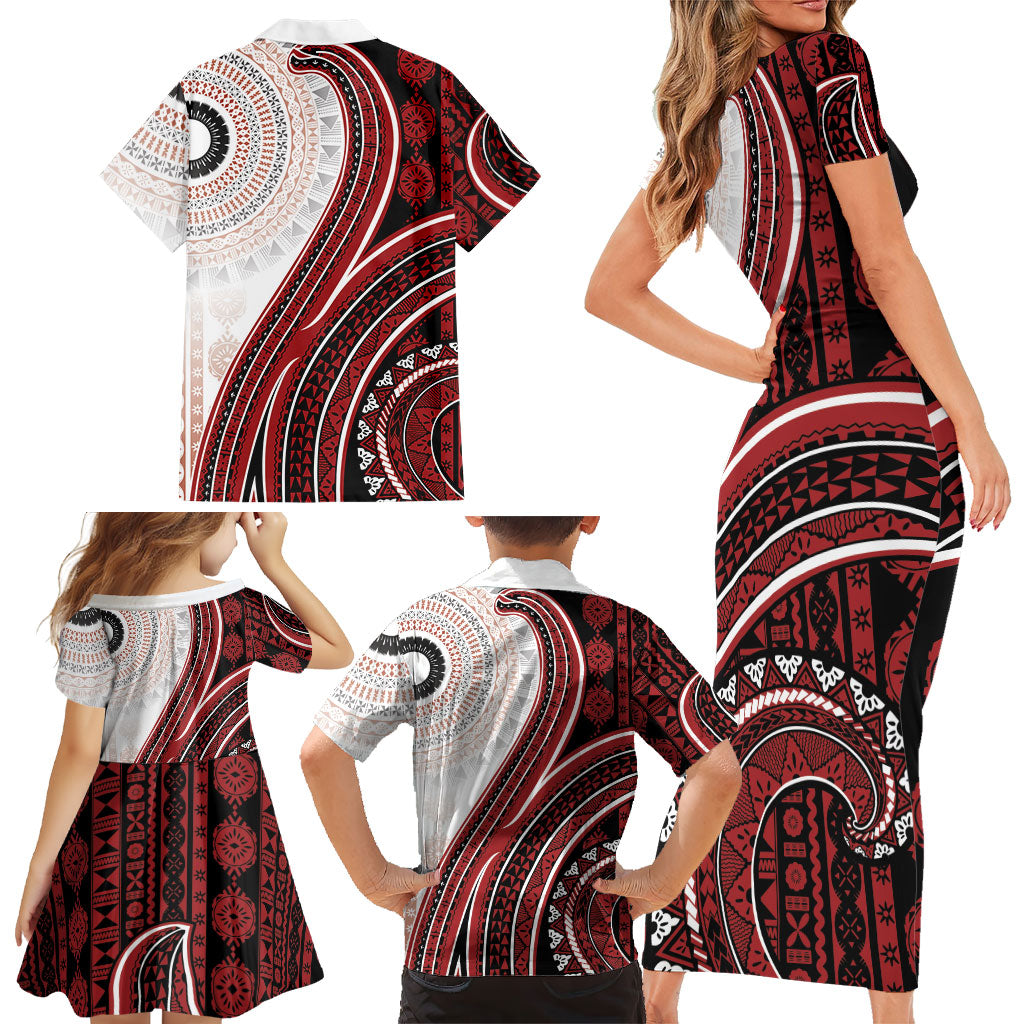 Bula Fiji Vintage Tapa Family Matching Short Sleeve Bodycon Dress and Hawaiian Shirt Kaivity Masi Wave Motifs - Red LT7 - Polynesian Pride