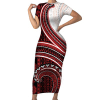 Bula Fiji Vintage Tapa Family Matching Short Sleeve Bodycon Dress and Hawaiian Shirt Kaivity Masi Wave Motifs - Red LT7 Mom's Dress Red - Polynesian Pride