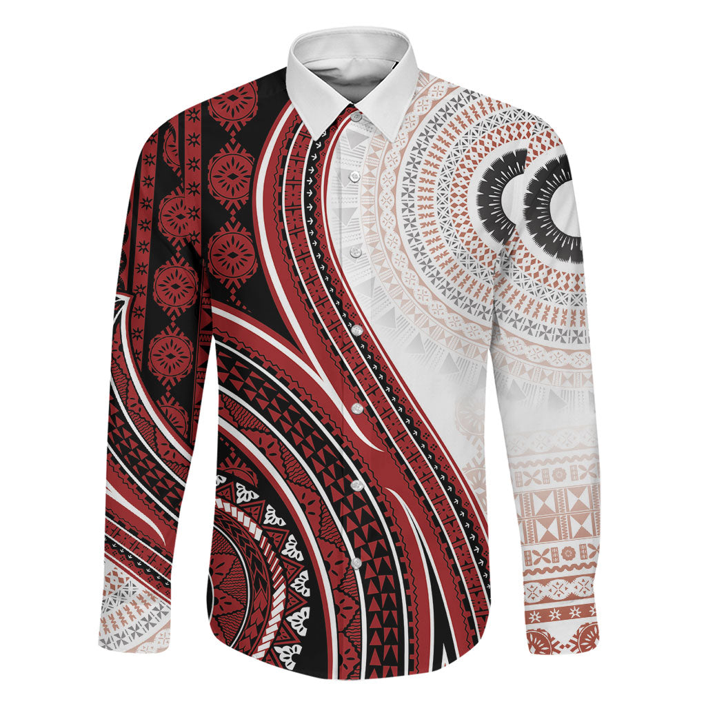 Bula Fiji Vintage Tapa Family Matching Tank Maxi Dress and Hawaiian Shirt Kaivity Masi Wave Motifs - Red LT7 Dad's Shirt - Long Sleeve Red - Polynesian Pride