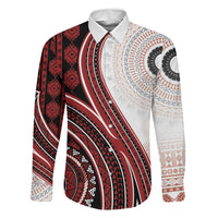 Bula Fiji Vintage Tapa Family Matching Tank Maxi Dress and Hawaiian Shirt Kaivity Masi Wave Motifs - Red LT7 Dad's Shirt - Long Sleeve Red - Polynesian Pride