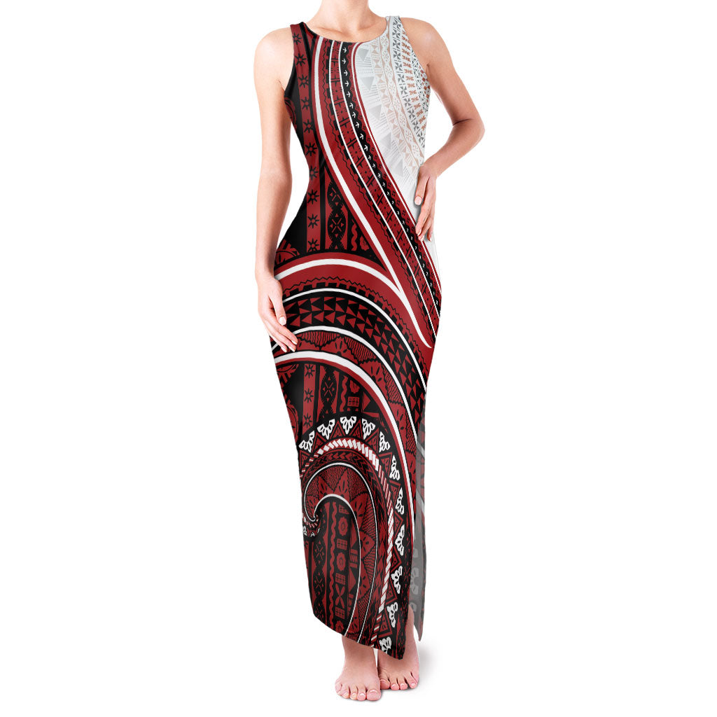 Bula Fiji Vintage Tapa Family Matching Tank Maxi Dress and Hawaiian Shirt Kaivity Masi Wave Motifs - Red LT7 Mom's Dress Red - Polynesian Pride