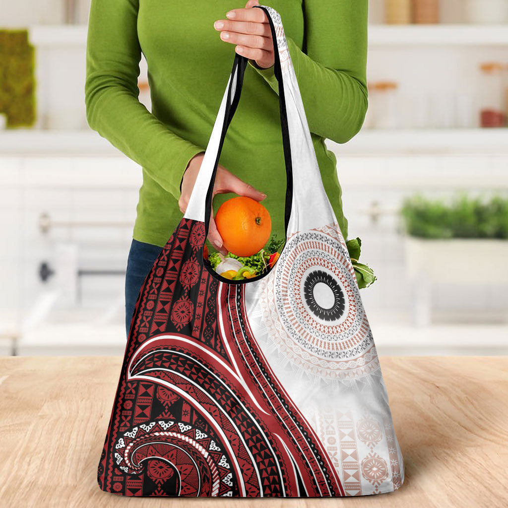Bula Fiji Vintage Tapa Grocery Bag Kaivity Masi Wave Motifs - Red