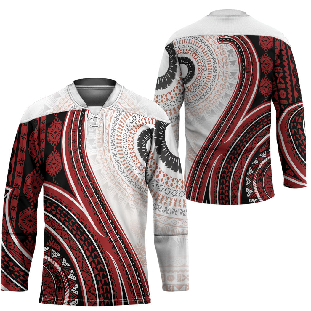 Bula Fiji Vintage Tapa Hockey Jersey Kaivity Masi Wave Motifs - Red