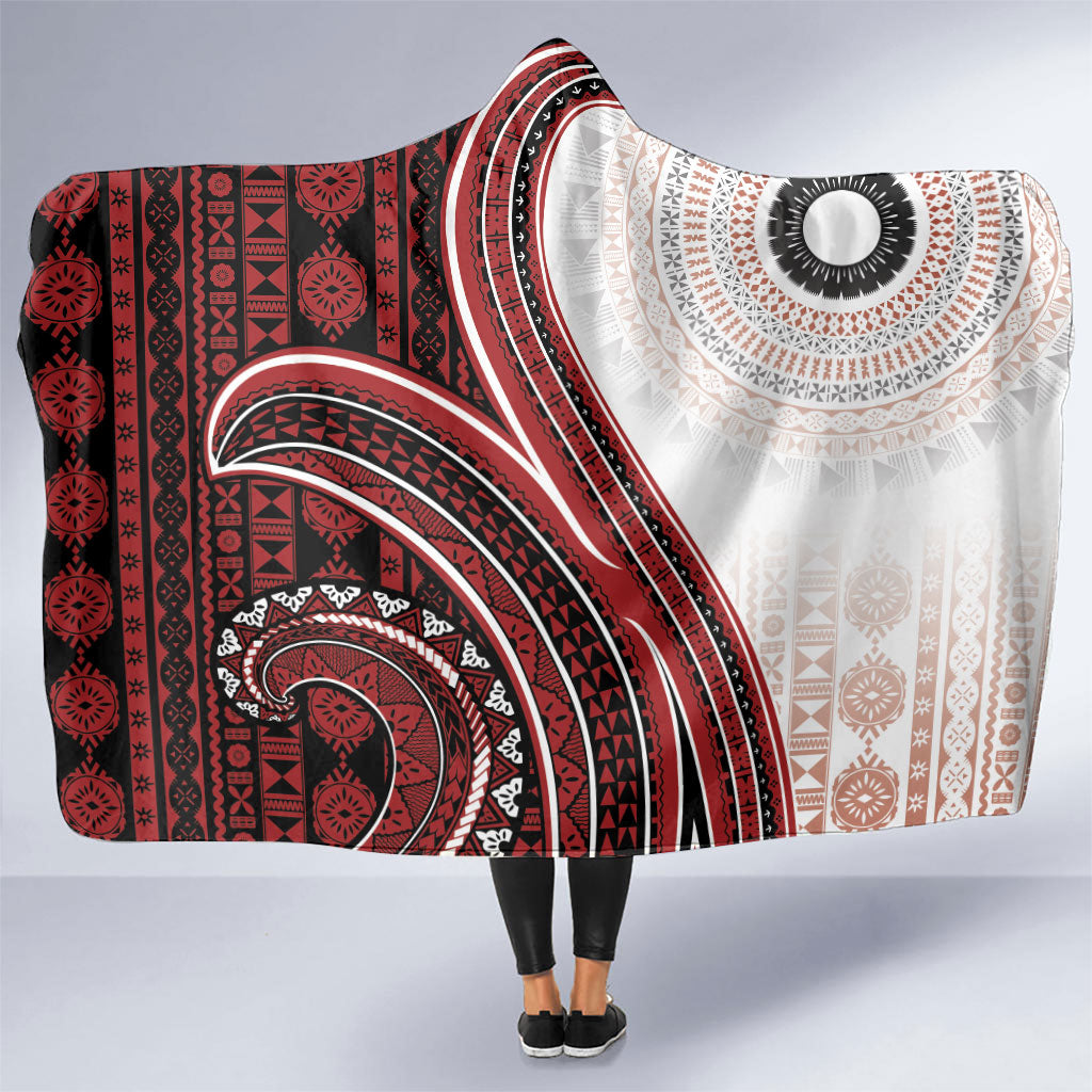 Bula Fiji Vintage Tapa Hooded Blanket Kaivity Masi Wave Motifs - Red