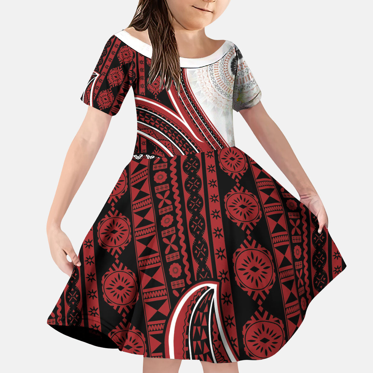 Bula Fiji Vintage Tapa Kid Short Sleeve Dress Kaivity Masi Wave Motifs - Red LT7 KID Red - Polynesian Pride