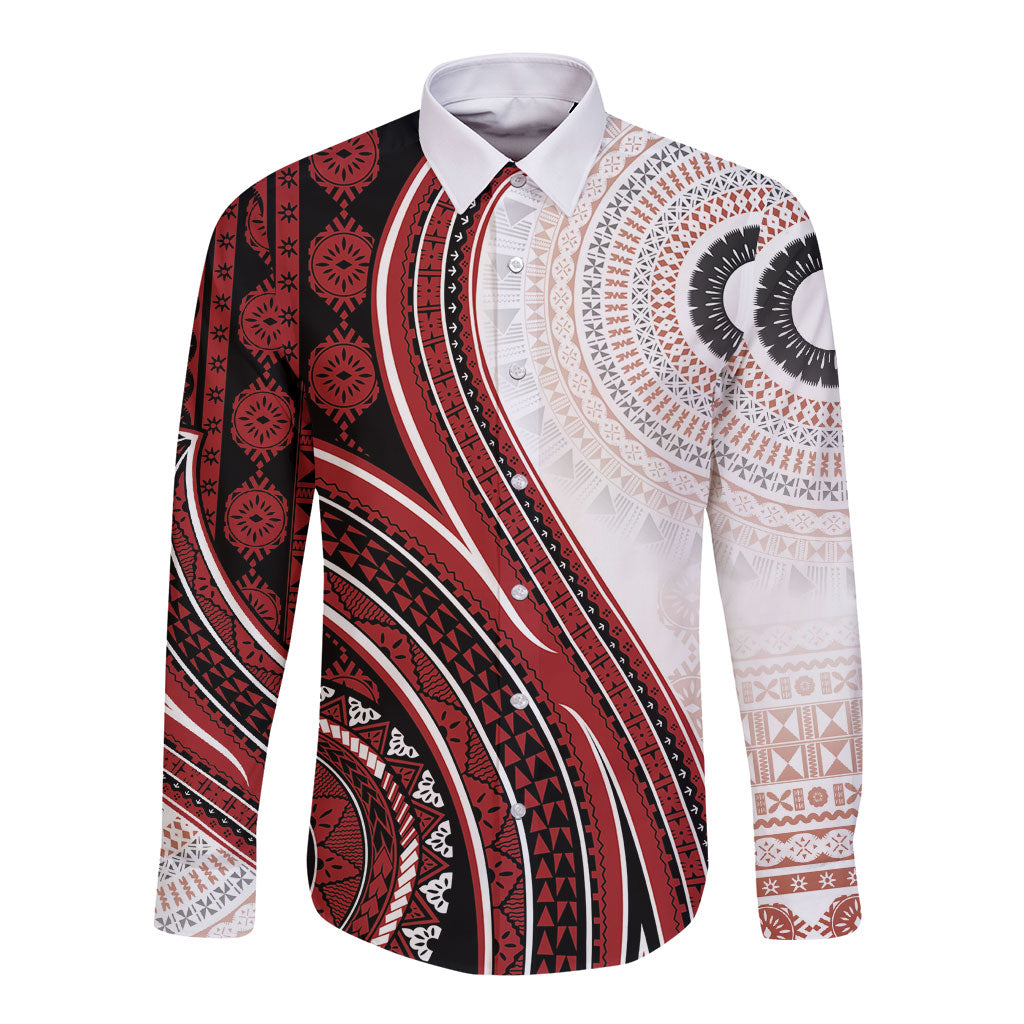 Bula Fiji Vintage Tapa Long Sleeve Button Shirt Kaivity Masi Wave Motifs - Red