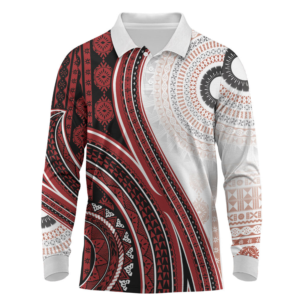 Bula Fiji Vintage Tapa Long Sleeve Polo Shirt Kaivity Masi Wave Motifs - Red LT7 Red - Polynesian Pride