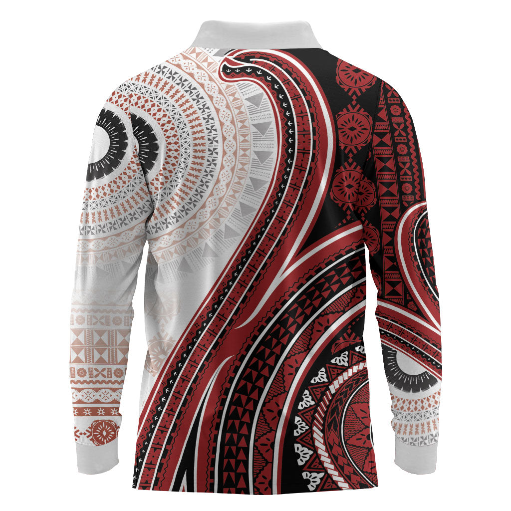 Bula Fiji Vintage Tapa Long Sleeve Polo Shirt Kaivity Masi Wave Motifs - Red LT7 - Polynesian Pride