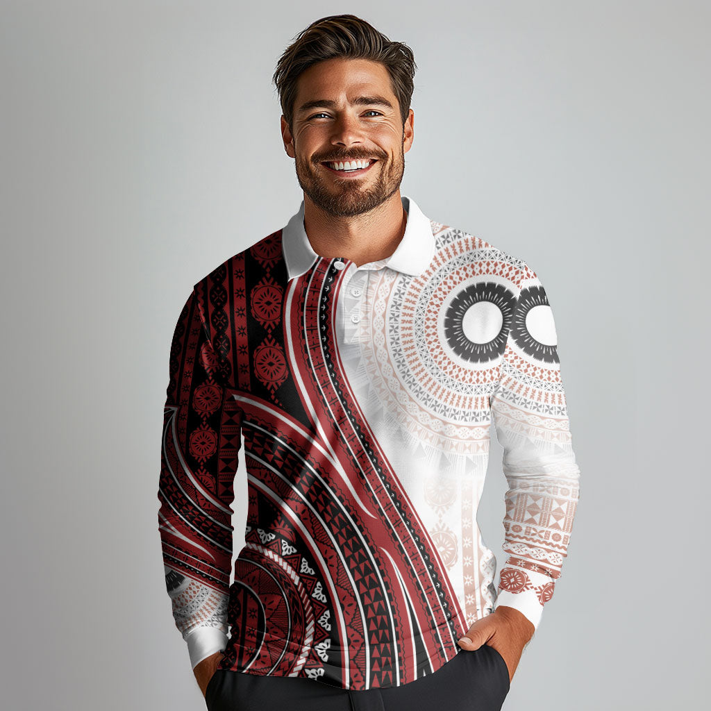 Bula Fiji Vintage Tapa Long Sleeve Polo Shirt Kaivity Masi Wave Motifs - Red LT7 - Polynesian Pride