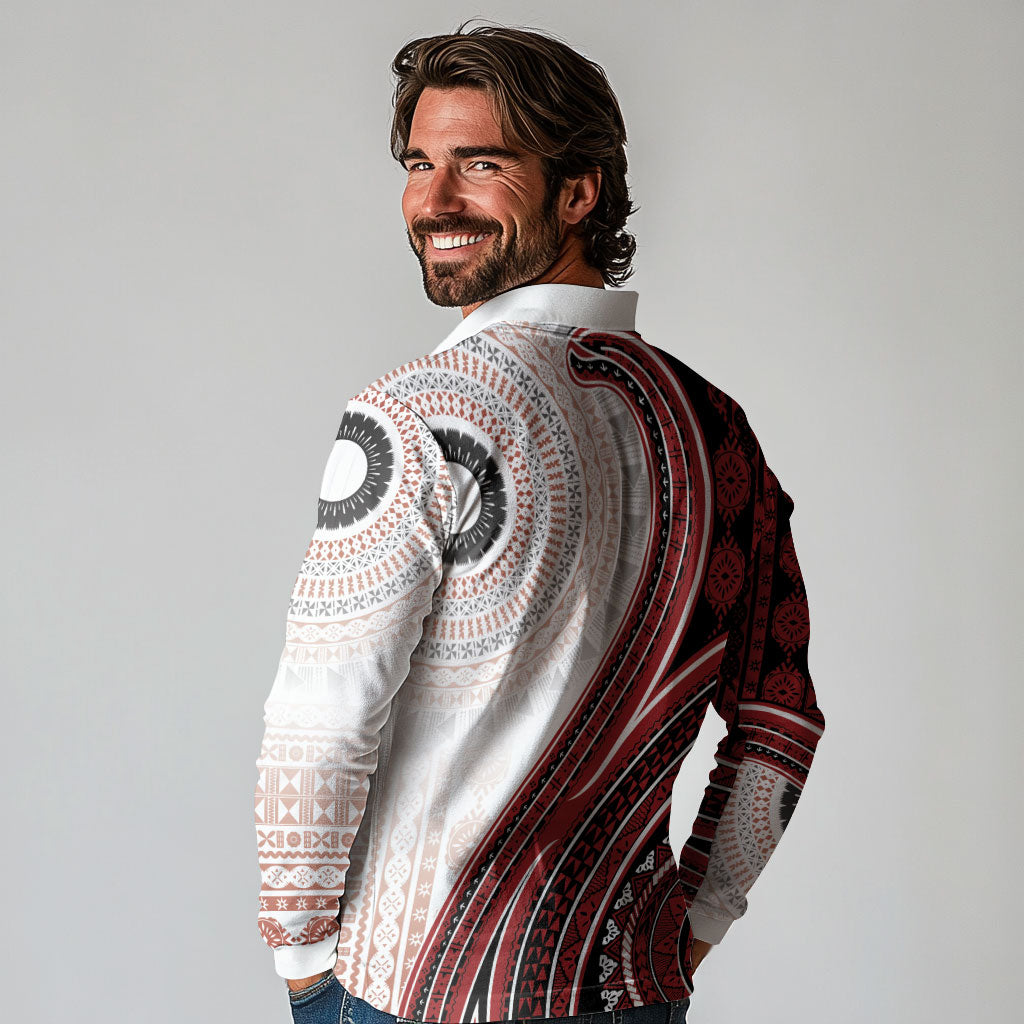 Bula Fiji Vintage Tapa Long Sleeve Polo Shirt Kaivity Masi Wave Motifs - Red LT7 - Polynesian Pride
