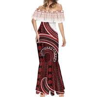 Bula Fiji Vintage Tapa Mermaid Dress Kaivity Masi Wave Motifs - Red LT7 - Polynesian Pride