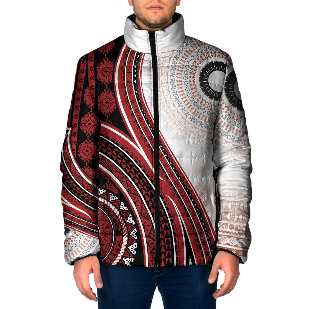 Bula Fiji Vintage Tapa Padded Jacket Kaivity Masi Wave Motifs - Red