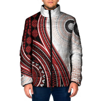 Bula Fiji Vintage Tapa Padded Jacket Kaivity Masi Wave Motifs - Red