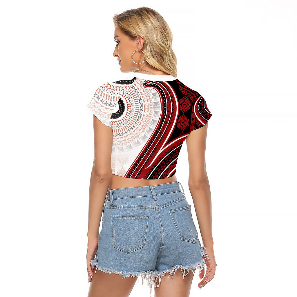 Bula Fiji Vintage Tapa Raglan Cropped T Shirt Kaivity Masi Wave Motifs - Red