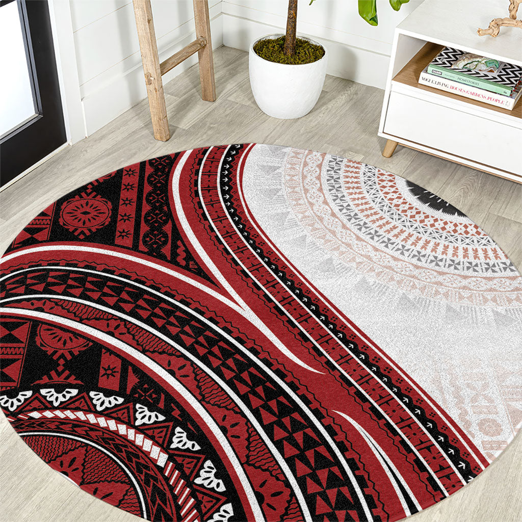 Bula Fiji Vintage Tapa Round Carpet Kaivity Masi Wave Motifs - Red LT7 Red - Polynesian Pride
