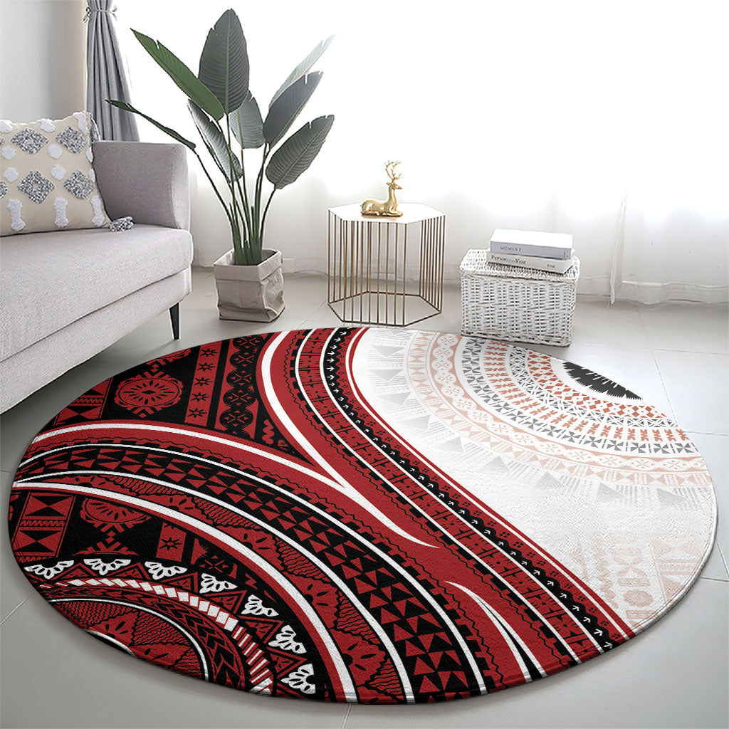 Bula Fiji Vintage Tapa Round Carpet Kaivity Masi Wave Motifs - Red LT7 - Polynesian Pride