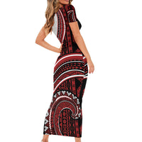 Bula Fiji Vintage Tapa Short Sleeve Bodycon Dress Kaivity Masi Wave Motifs - Red LT7 - Polynesian Pride