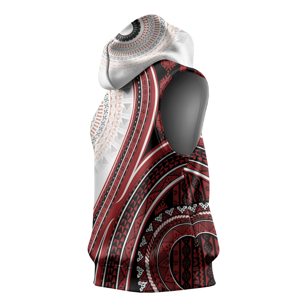 Bula Fiji Vintage Tapa Sleeveless Hoodie Kaivity Masi Wave Motifs - Red LT7 - Polynesian Pride