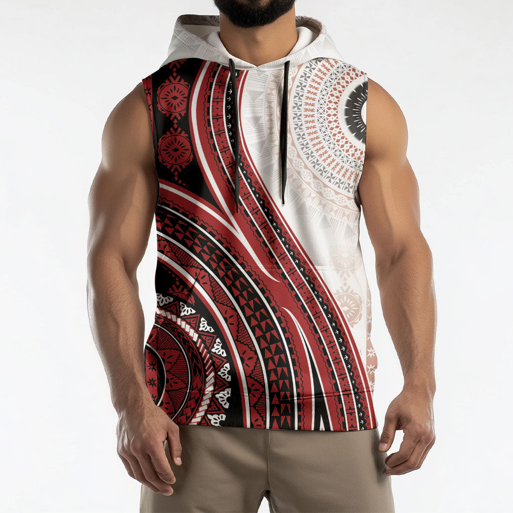 Bula Fiji Vintage Tapa Sleeveless Hoodie Kaivity Masi Wave Motifs - Red LT7 - Polynesian Pride