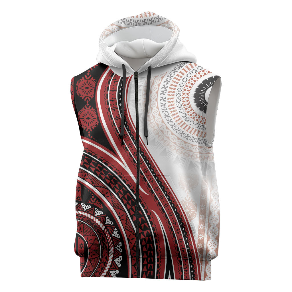 Bula Fiji Vintage Tapa Sleeveless Zip Hoodie Kaivity Masi Wave Motifs - Red LT7 Red - Polynesian Pride