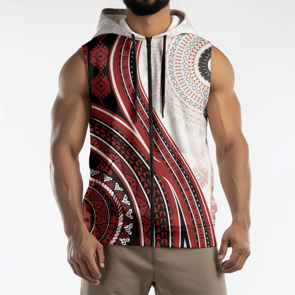 Bula Fiji Vintage Tapa Sleeveless Zip Hoodie Kaivity Masi Wave Motifs - Red LT7 - Polynesian Pride