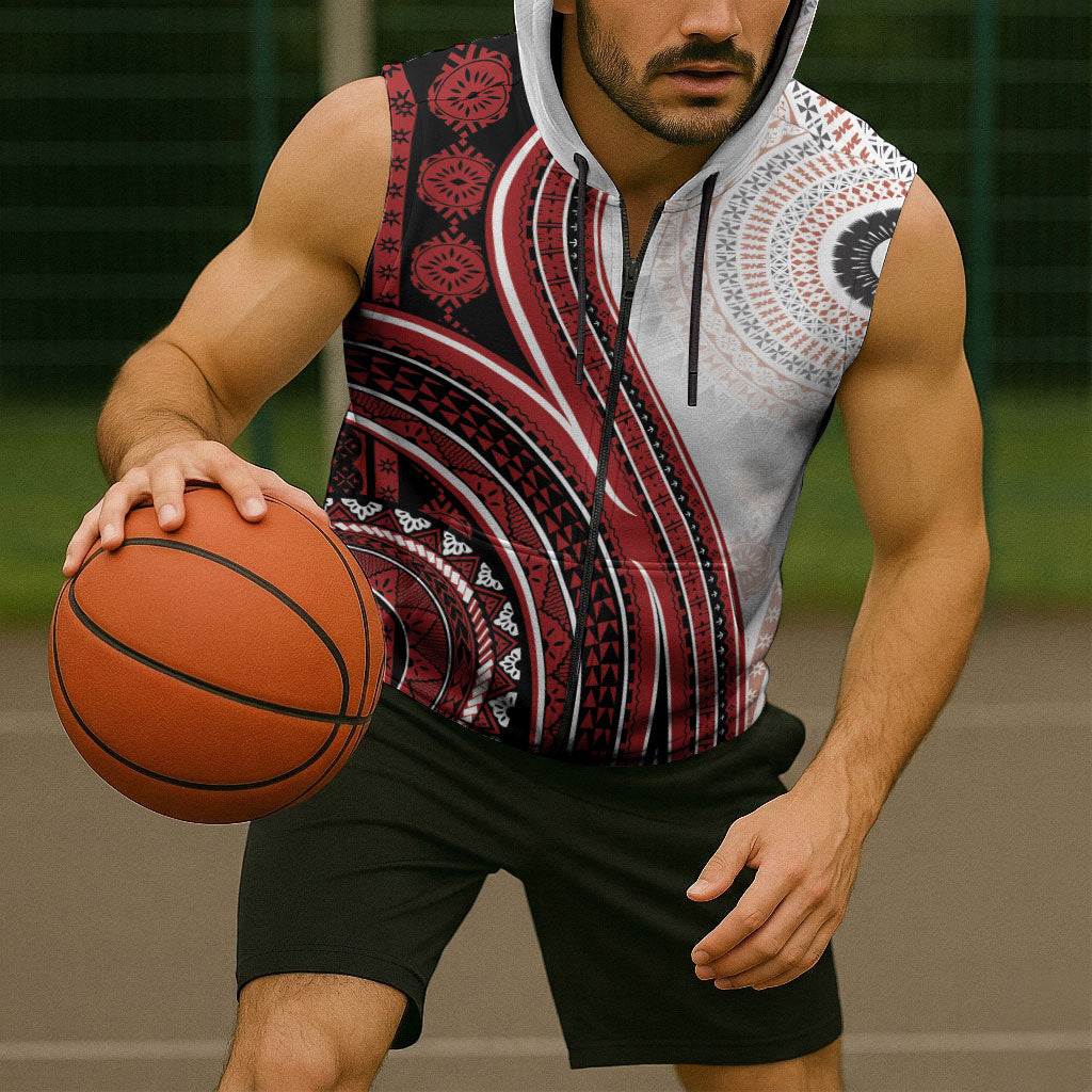 Bula Fiji Vintage Tapa Sleeveless Zip Hoodie Kaivity Masi Wave Motifs - Red LT7 - Polynesian Pride