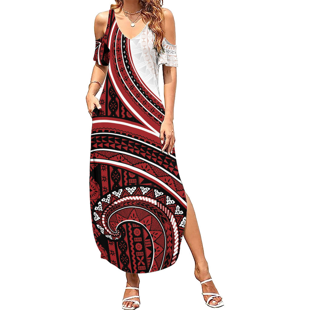 Bula Fiji Vintage Tapa Summer Maxi Dress Kaivity Masi Wave Motifs - Red