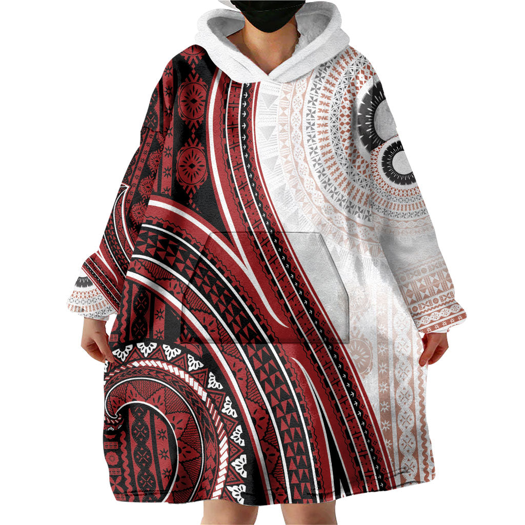 Bula Fiji Vintage Tapa Wearable Blanket Hoodie Kaivity Masi Wave Motifs - Red LT7 - Polynesian Pride