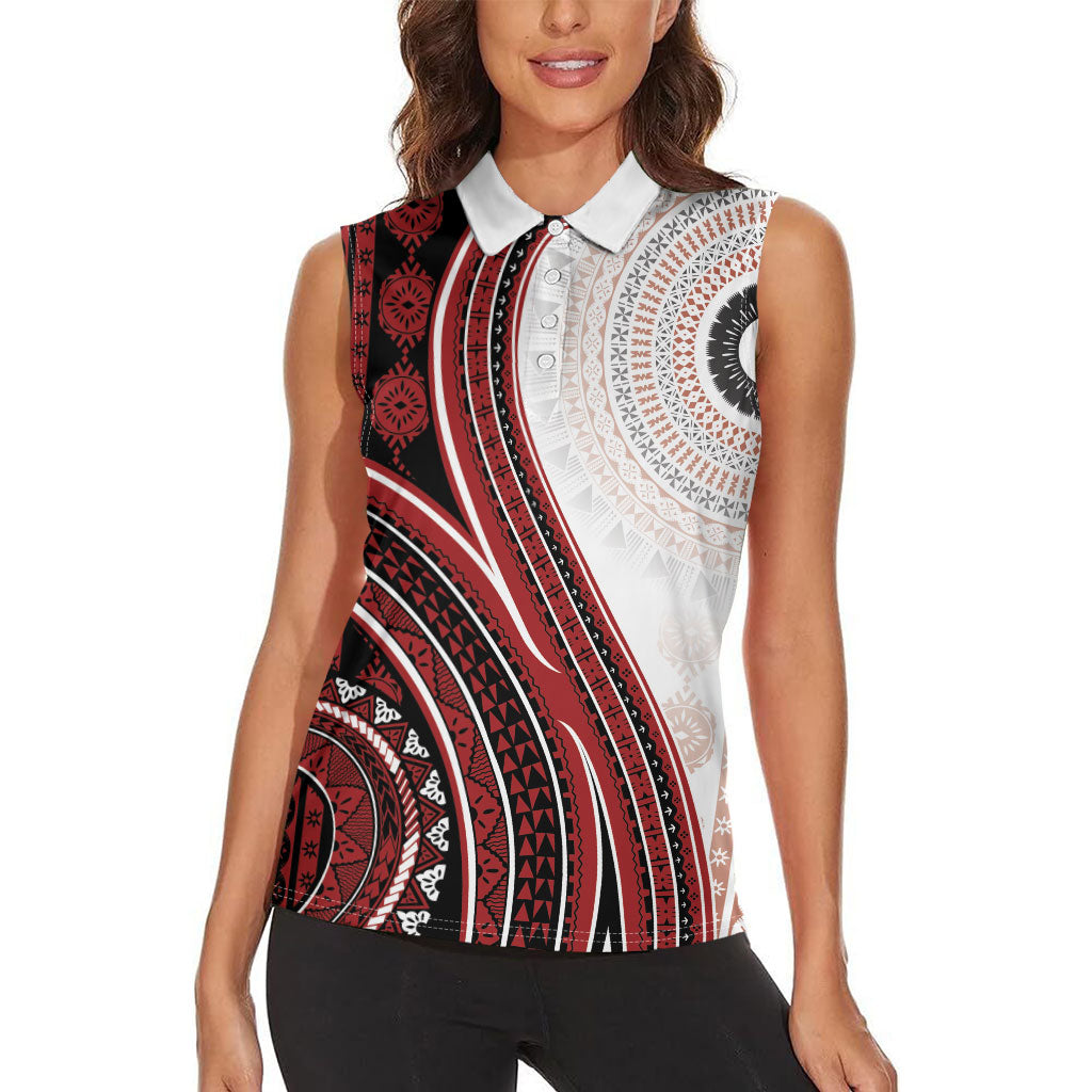 Bula Fiji Vintage Tapa Women Sleeveless Polo Shirt Kaivity Masi Wave Motifs - Red LT7 - Polynesian Pride