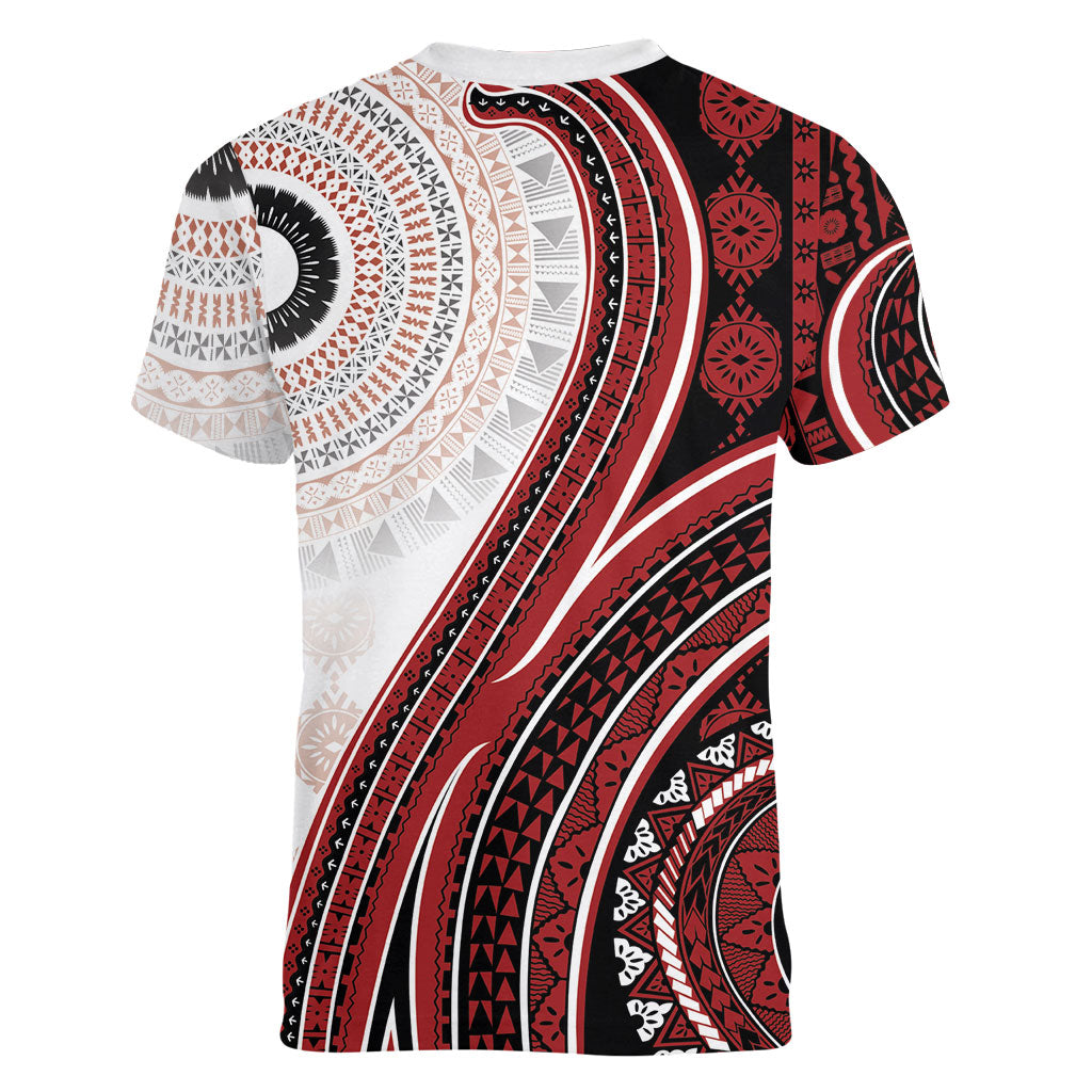 Bula Fiji Vintage Tapa Women V-Neck T-Shirt Kaivity Masi Wave Motifs - Red LT7 - Polynesian Pride