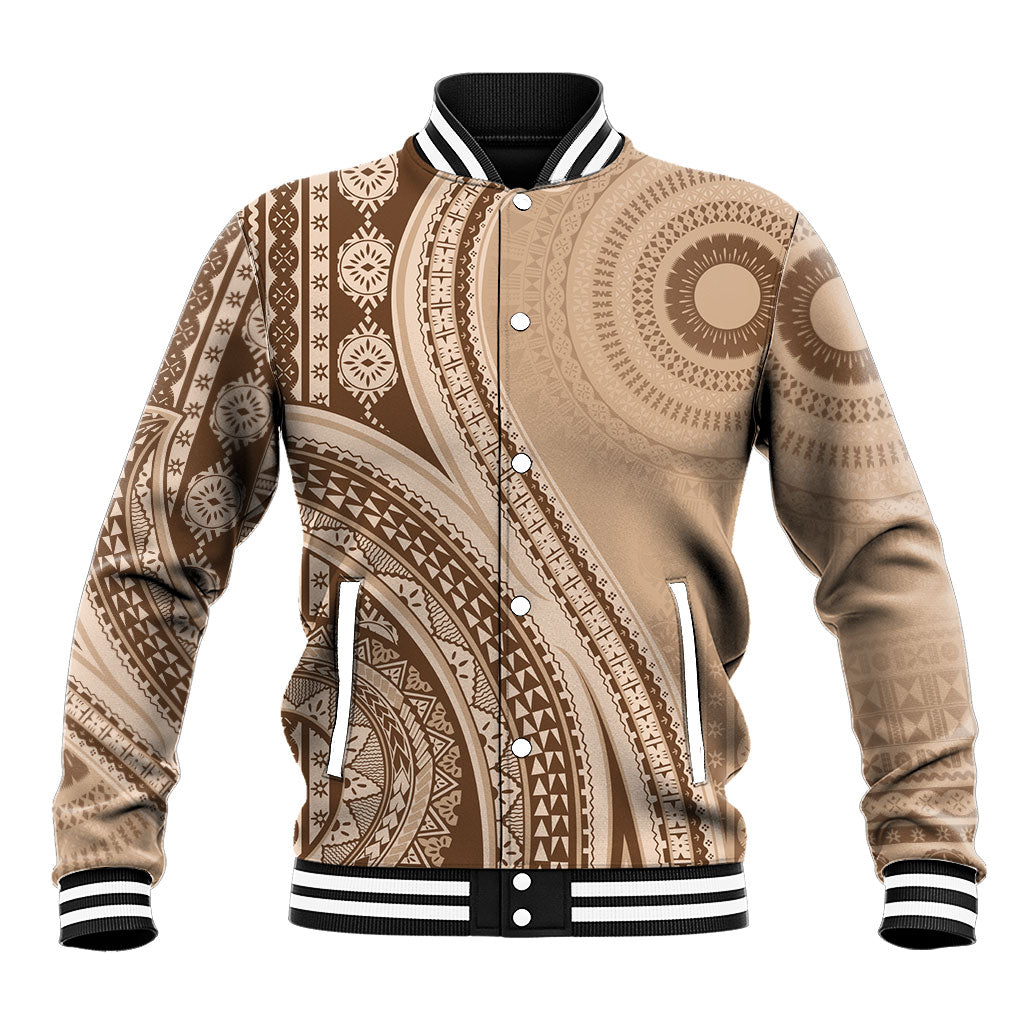 Bula Fiji Vintage Tapa Baseball Jacket Kaivity Masi Wave Motifs - Mocha