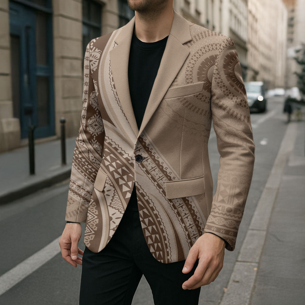 Bula Fiji Vintage Tapa Blazer Kaivity Masi Wave Motifs - Mocha