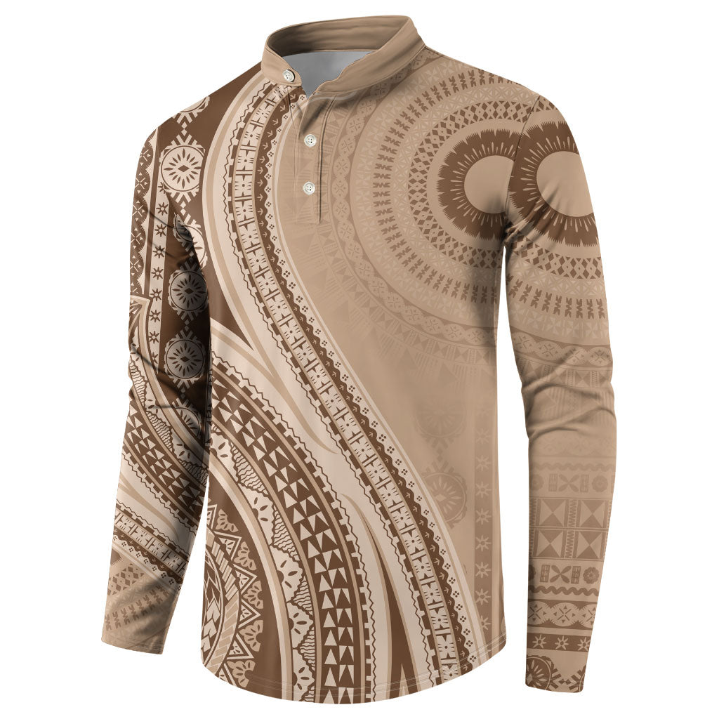 Bula Fiji Vintage Tapa Button Sweatshirt Kaivity Masi Wave Motifs - Mocha