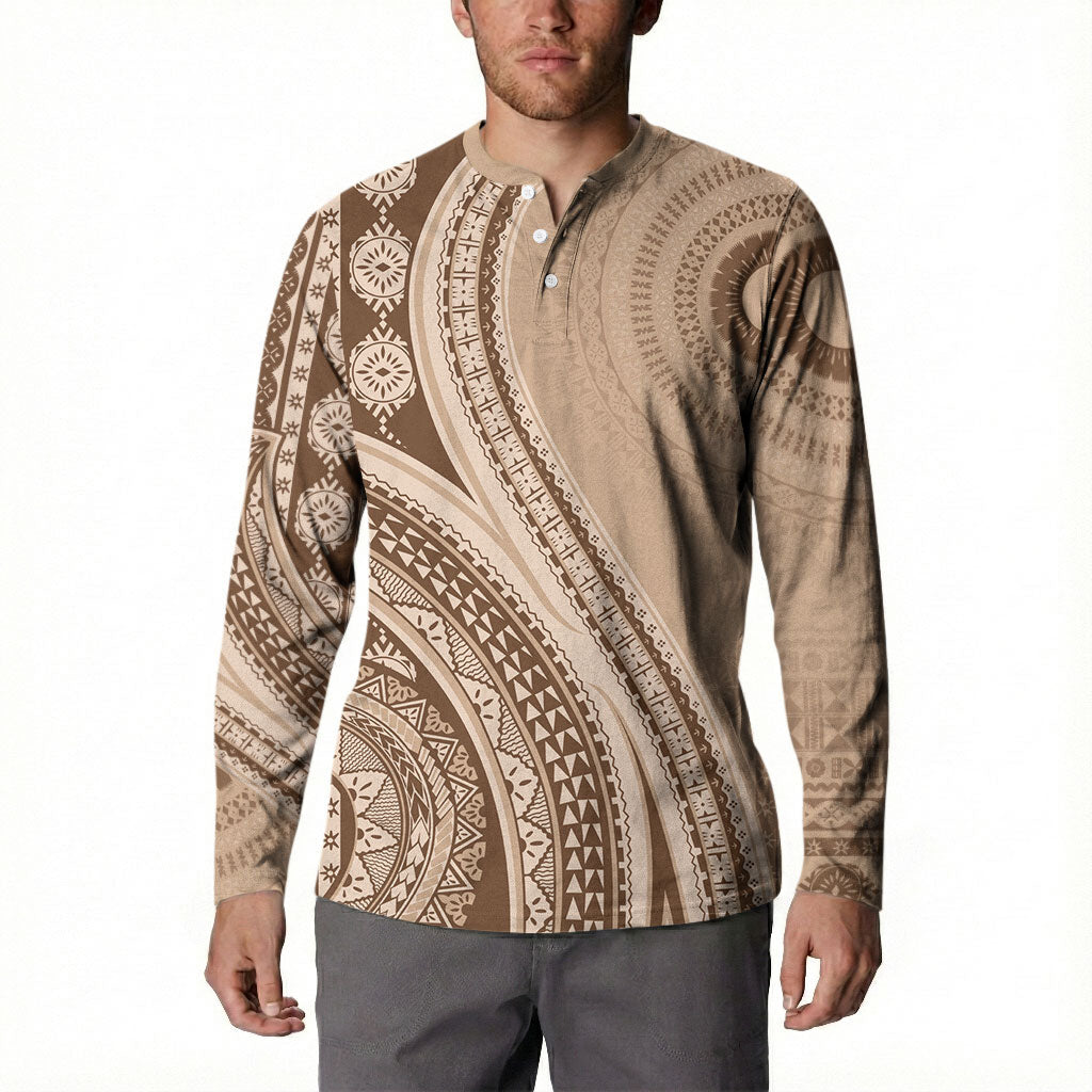 Bula Fiji Vintage Tapa Button Sweatshirt Kaivity Masi Wave Motifs - Mocha