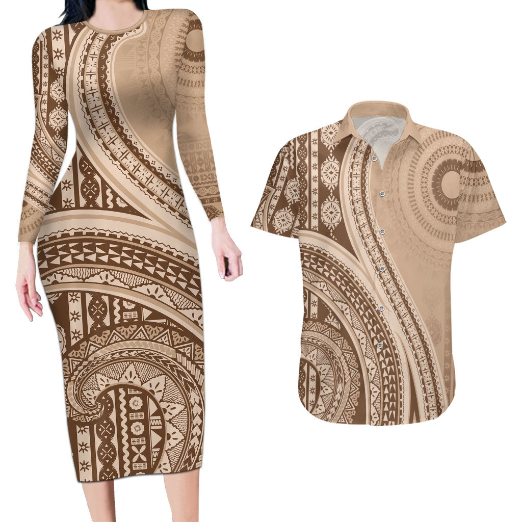 Bula Fiji Vintage Tapa Couples Matching Long Sleeve Bodycon Dress and Hawaiian Shirt Kaivity Masi Wave Motifs - Mocha LT7 Beige - Polynesian Pride