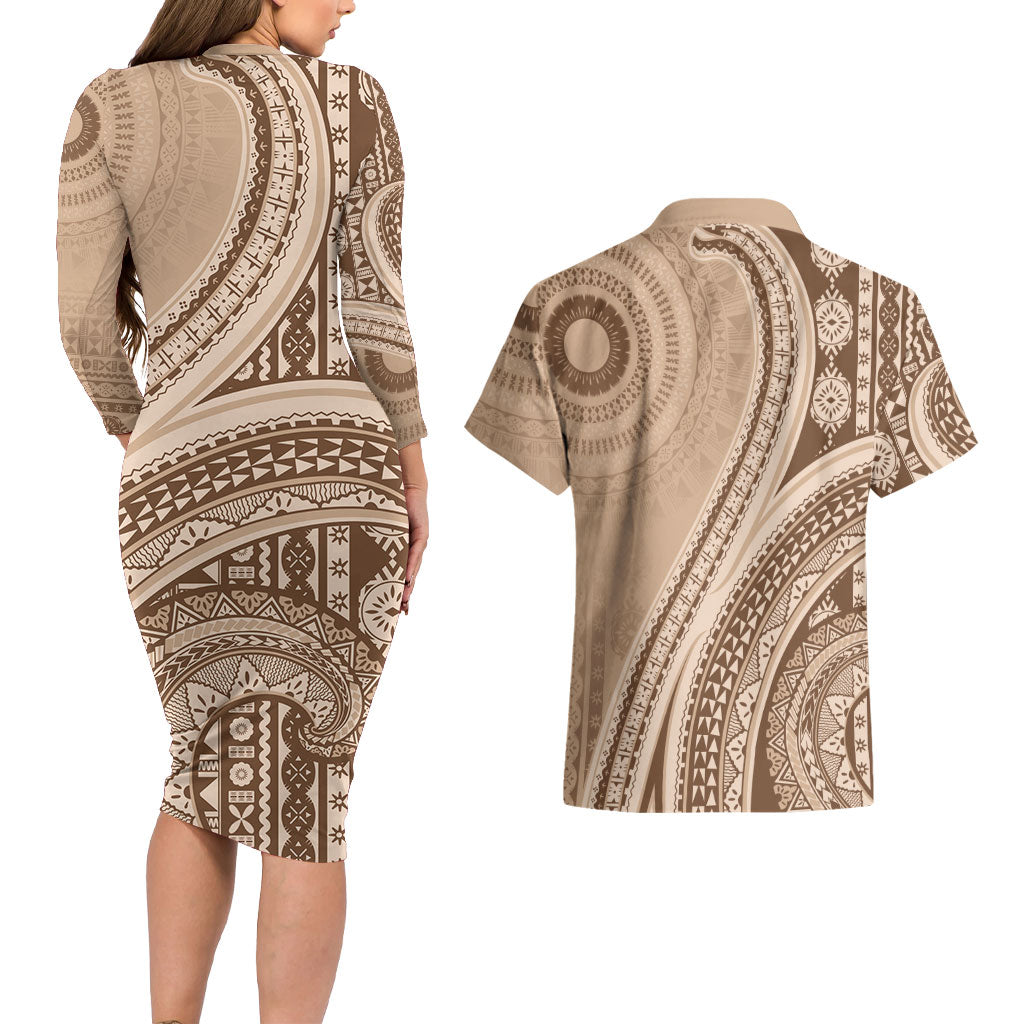 Bula Fiji Vintage Tapa Couples Matching Long Sleeve Bodycon Dress and Hawaiian Shirt Kaivity Masi Wave Motifs - Mocha LT7 - Polynesian Pride