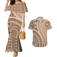 Bula Fiji Vintage Tapa Couples Matching Mermaid Dress and Hawaiian Shirt Kaivity Masi Wave Motifs - Mocha