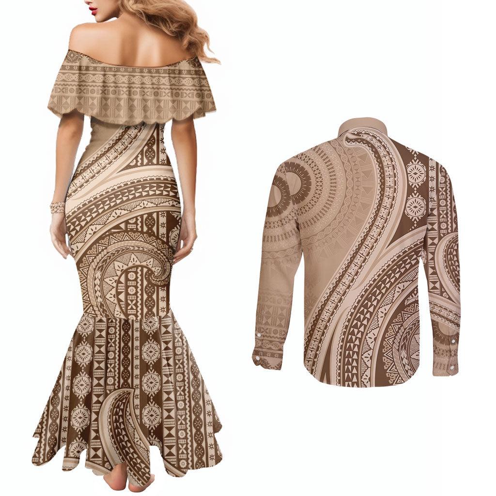 Bula Fiji Vintage Tapa Couples Matching Mermaid Dress and Long Sleeve Button Shirt Kaivity Masi Wave Motifs - Mocha