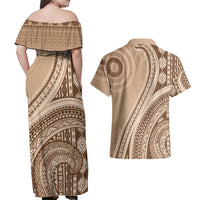 Bula Fiji Vintage Tapa Couples Matching Off Shoulder Maxi Dress and Hawaiian Shirt Kaivity Masi Wave Motifs - Mocha