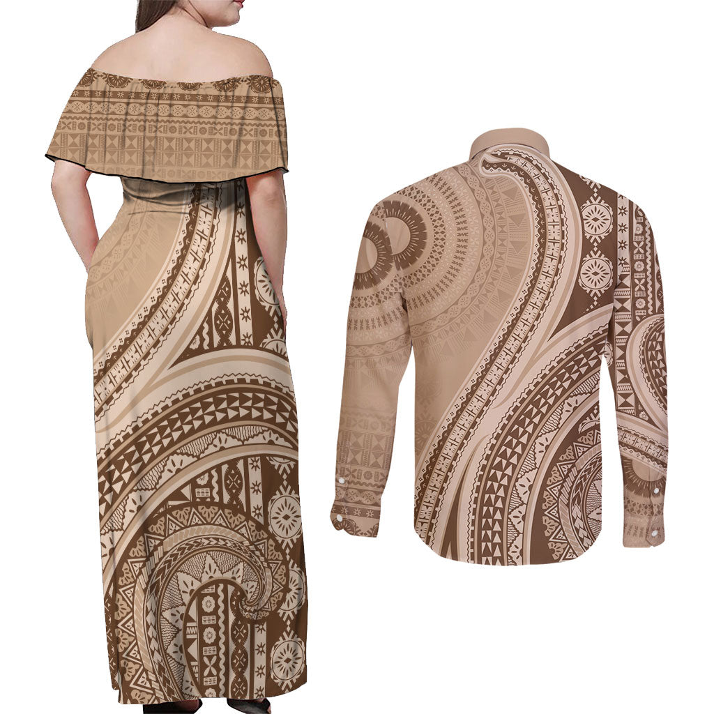 Bula Fiji Vintage Tapa Couples Matching Off Shoulder Maxi Dress and Long Sleeve Button Shirt Kaivity Masi Wave Motifs - Mocha LT7 - Polynesian Pride