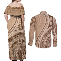 Bula Fiji Vintage Tapa Couples Matching Off Shoulder Maxi Dress and Long Sleeve Button Shirt Kaivity Masi Wave Motifs - Mocha LT7 - Polynesian Pride