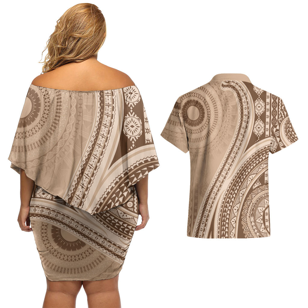 Bula Fiji Vintage Tapa Couples Matching Off Shoulder Short Dress and Hawaiian Shirt Kaivity Masi Wave Motifs - Mocha