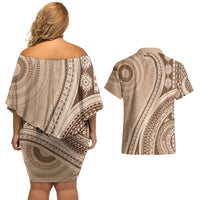 Bula Fiji Vintage Tapa Couples Matching Off Shoulder Short Dress and Hawaiian Shirt Kaivity Masi Wave Motifs - Mocha